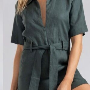 RIVET: Green Linen Short Sleeve Romper